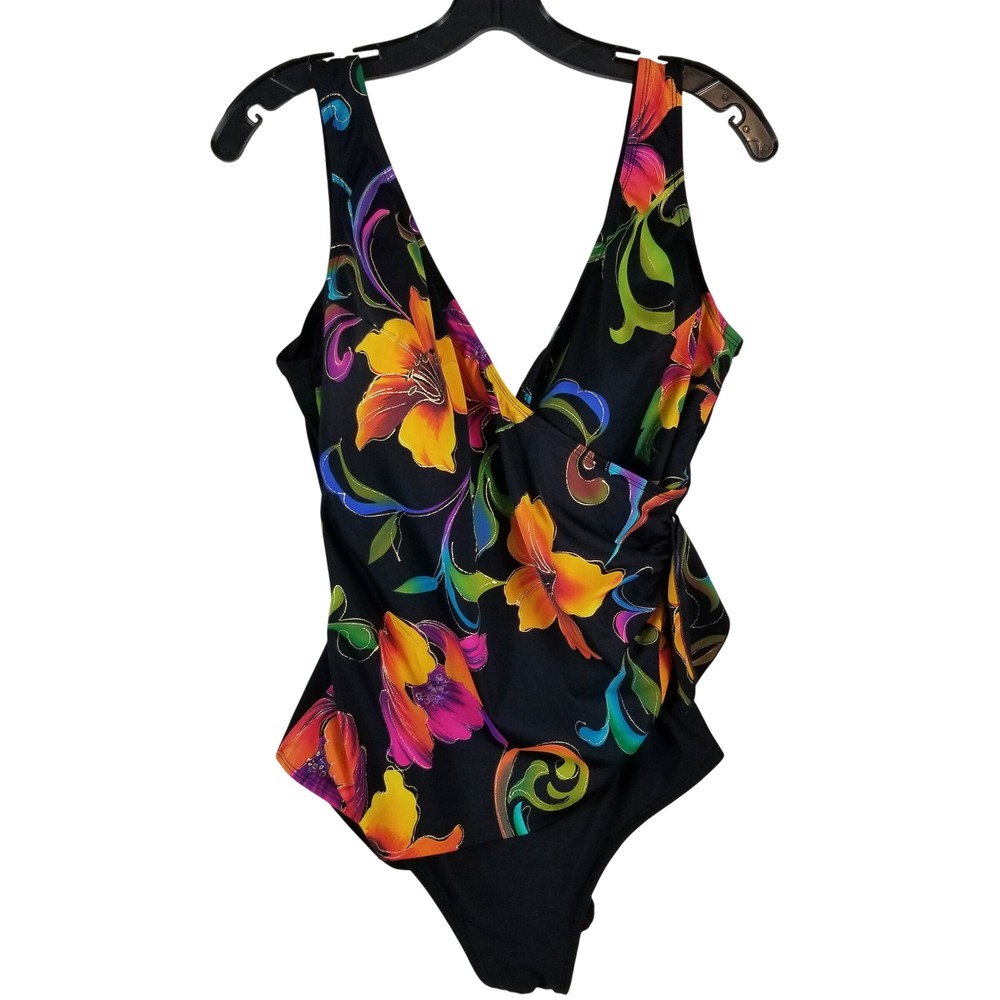 Longitude Womens 18W One Piece Swimsuit Floral Surplice Ruched Black Multi Metal
